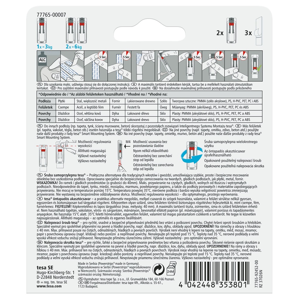 Akasztócsavar öntapadó, állítható, sima felületekhez 3 kg teherbírású 2 darab/bliszter Tesa Powerstrips - Image 7