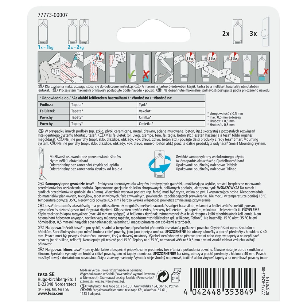 Akasztószög öntapadós, érzékeny felületekhez 1 kg teherbírású 2 darab/bliszter Tesa Powerstrips - Image 4