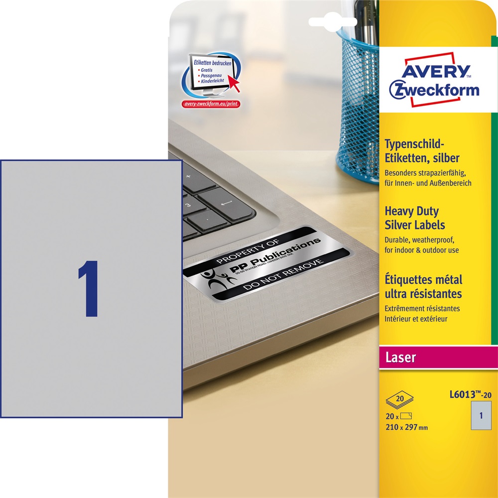 Etikett címke, 210 x297mm, ipari poliészter, 1 címke/ív, 20 ív/doboz, Avery ezüst - Image 3