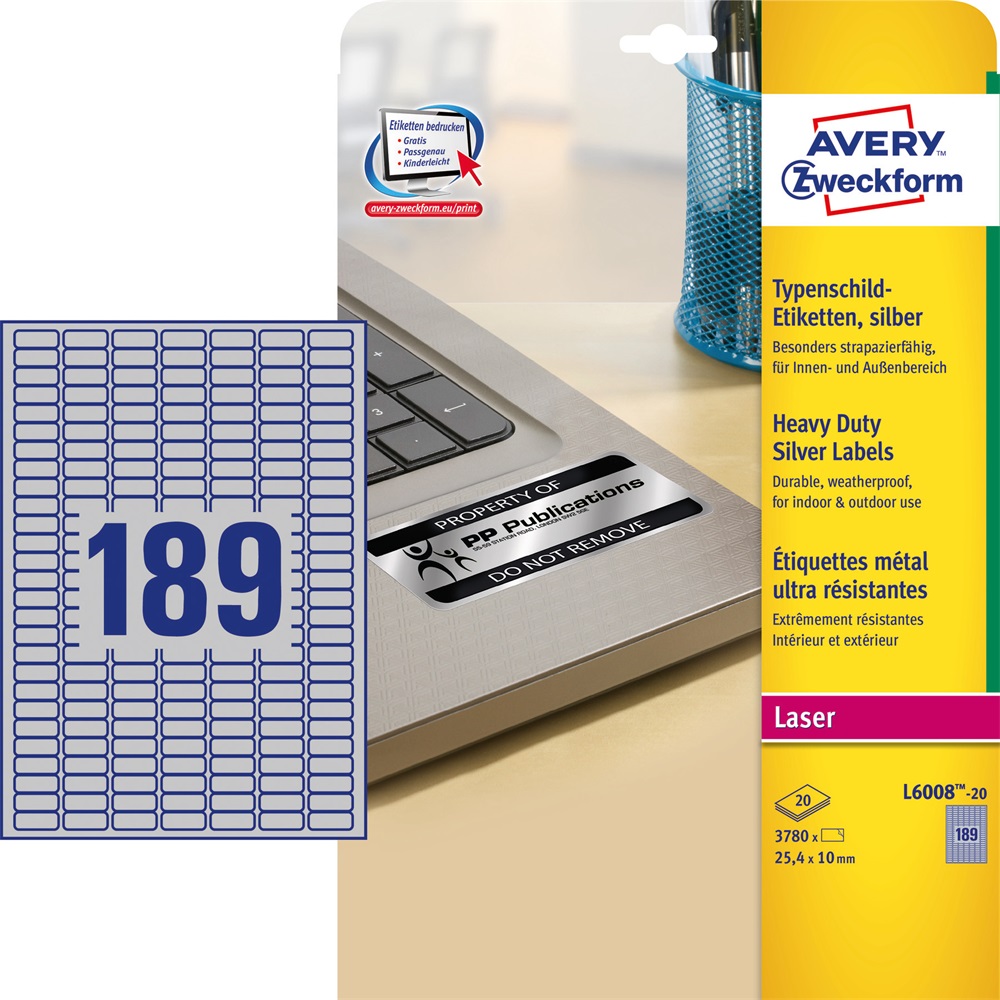 Etikett címke, 25,4 x10mm, ipari poliészter, 189 címke/ív, 20 ív/doboz, Avery ezüst - Image 3