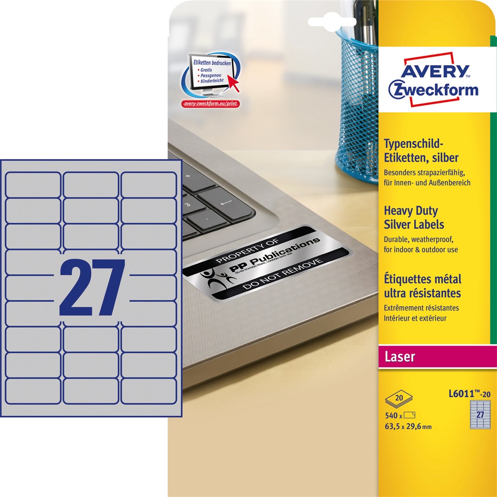 Etikett címke, 63,5 x29,6mm, ipari poliészter, 27 címke/ív, 20 ív/doboz, Avery ezüst - Image 3