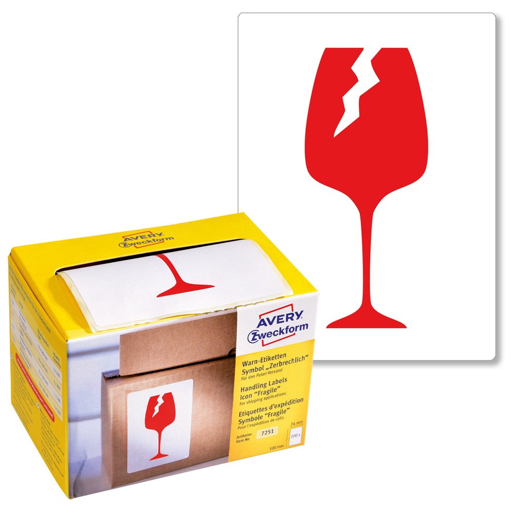 Etikett címke, piktogram Törékeny, óvatosan kezelendő! 74 x100mm,tekercses, 200 címke/doboz, Avery piros - Image 3