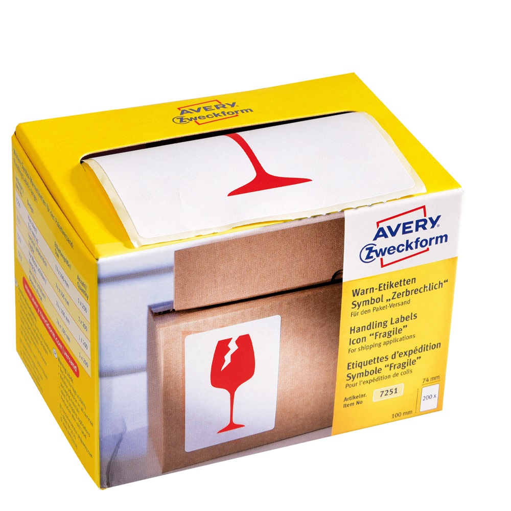 Etikett címke, piktogram Törékeny, óvatosan kezelendő! 74 x100mm,tekercses, 200 címke/doboz, Avery piros - Image 4