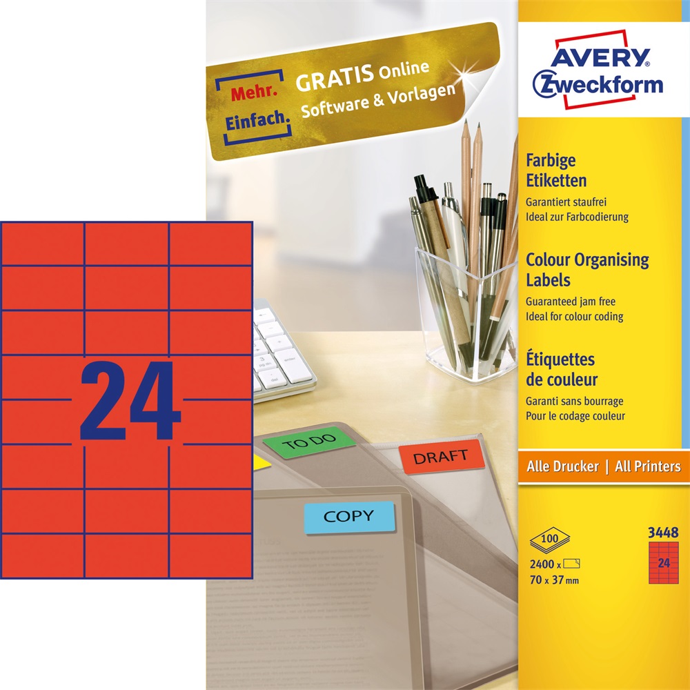 Etikett címke, 70 x37mm, univerzális, 24 címke/ív, 100 ív/doboz, Avery piros - Image 3