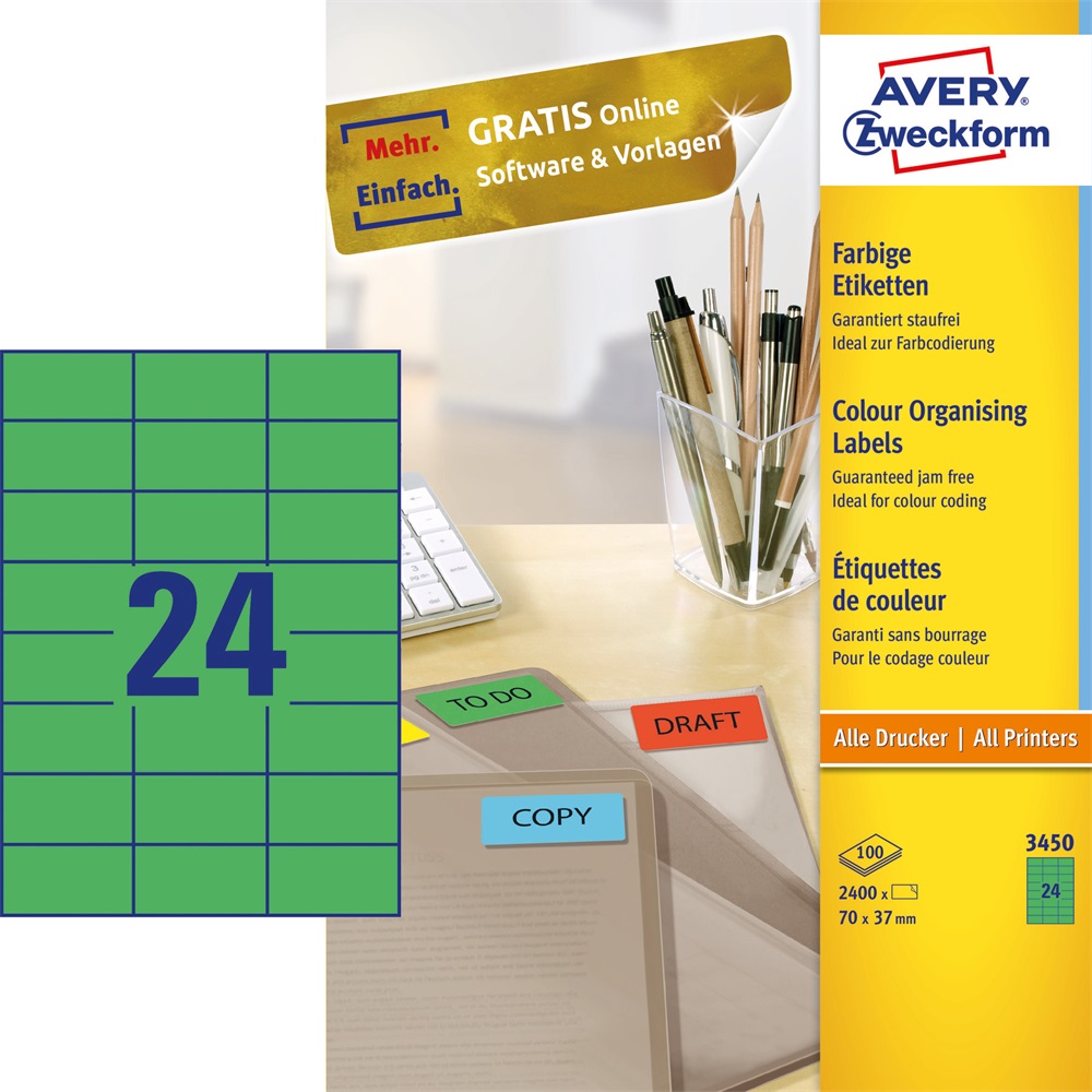 Etikett címke, 70 x37mm, univerzális, 24 címke/ív, 100 ív/doboz, Avery zöld - Image 3