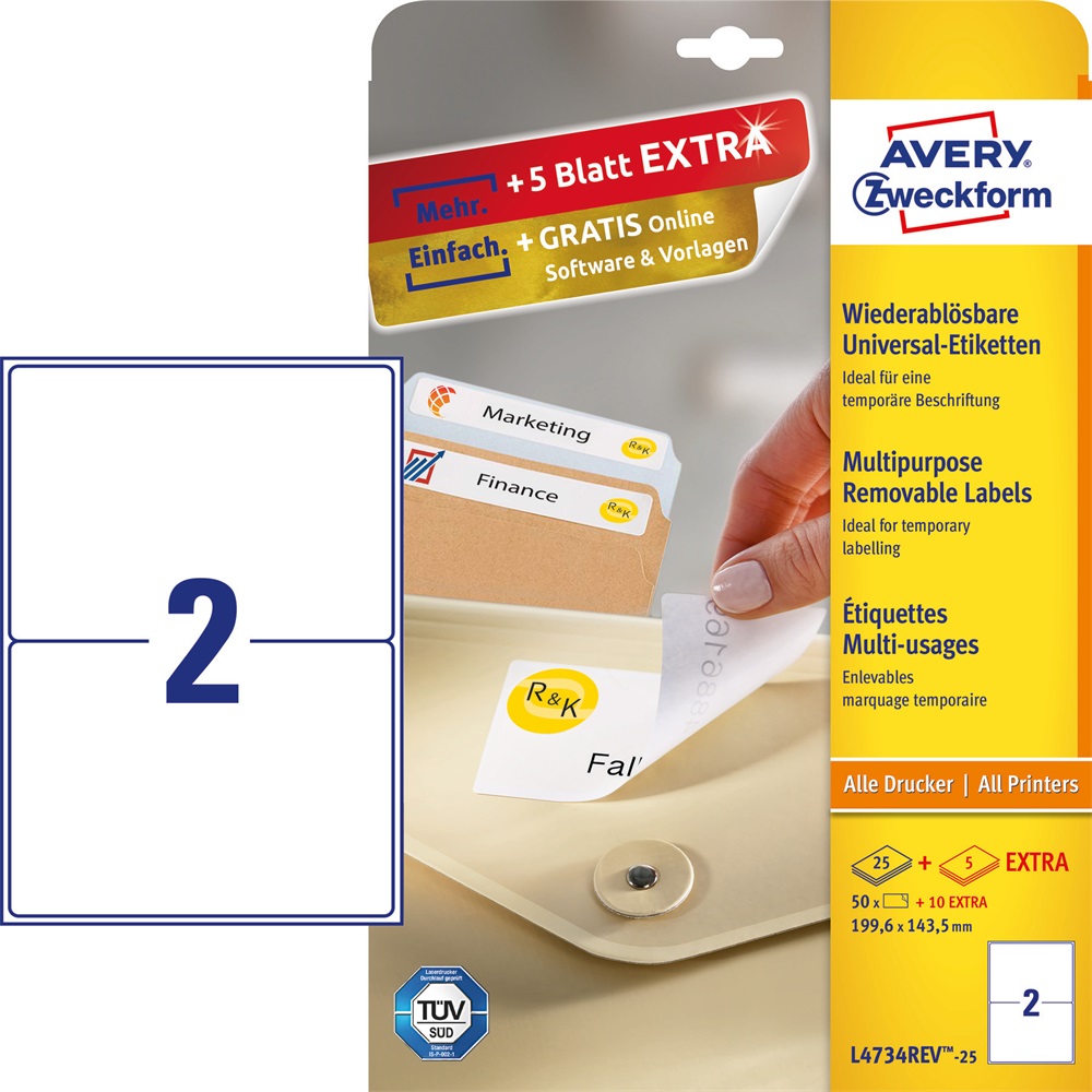 Etikett címke, 199,6 x143,5mm, univerzális visszaszedhető, 2 címke/ív, 25 ív/doboz, Avery fehér - Image 3