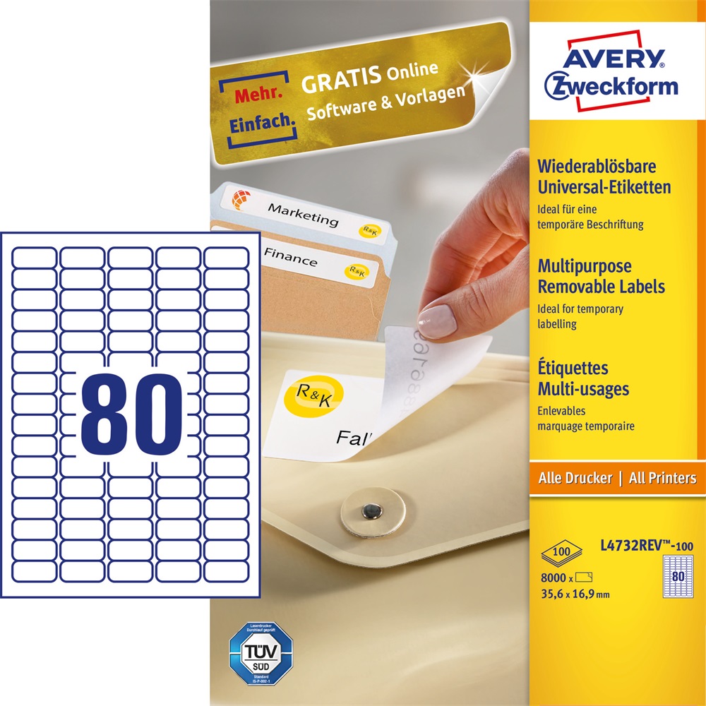 Etikett címke, 35,6 x16,9mm, univerzális visszaszedhető, 80 címke/ív, 100 ív/doboz, Avery fehér - Image 3