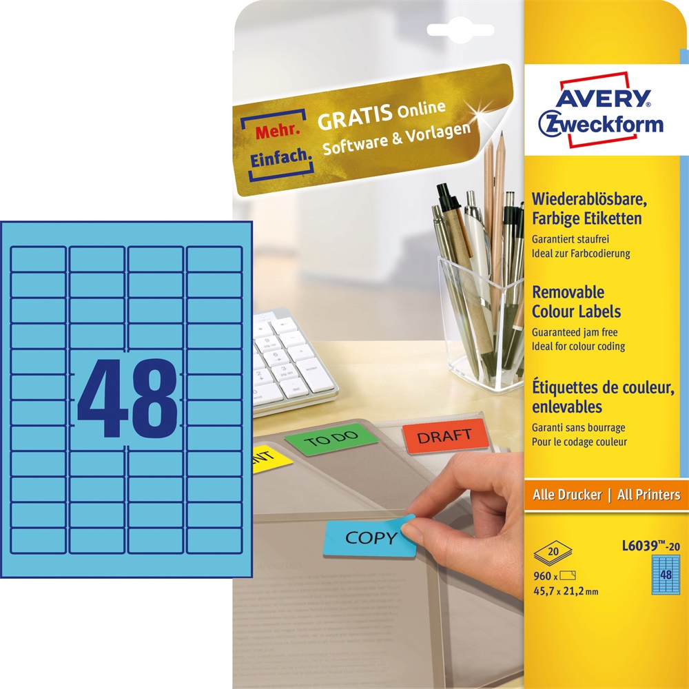 Etikett címke, 45,7 x21,2mm, univerzális visszaszedhető, 48 címke/ív, 20 ív/doboz, Avery kék - Image 3