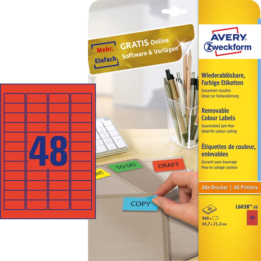 Etikett címke, 45,7 x21,2mm, univerzális visszaszedhető, 48 címke/ív, 20 ív/doboz, Avery piros - Image 3