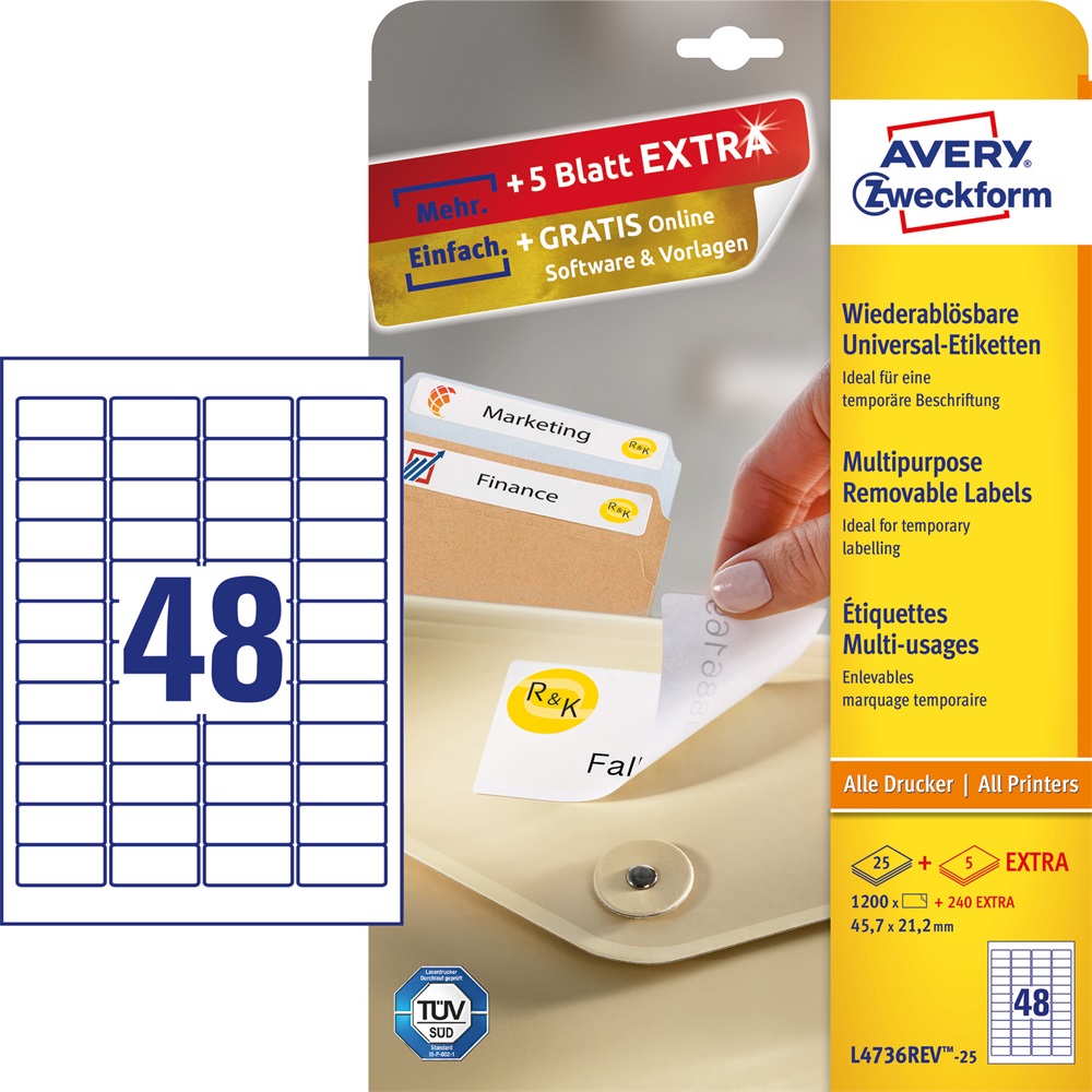 Etikett címke, 45,7 x21,2mm, univerzális visszaszedhető, 48 címke/ív, 25 ív/doboz, Avery fehér - Image 3