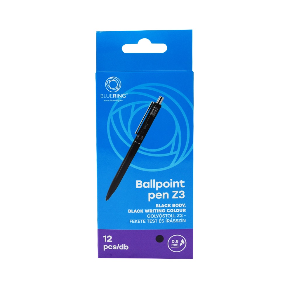 Golyóstoll 0,8mm, nyomógombos műanyag fekete test, Bluering® Z3, írásszín fekete - Image 4