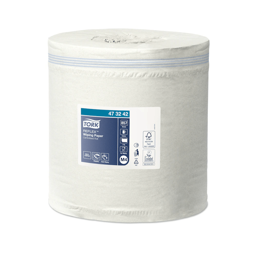 Kéztörlő 1 rétegű tekercses átmérő: 19,5 cm 857 lap/300 m/tekercs 6 tekercs/karton Reflex midi M4 Tork_473242 fehér