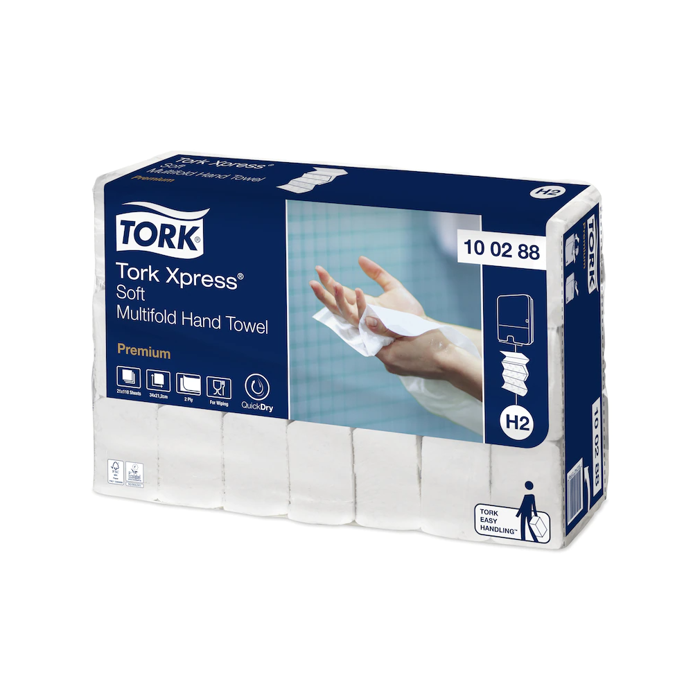 Kéztörlő 2 rétegű Interfold hajtogatású 110 lap/csomag 21 csomag/karton Premium Xpress Multifold H2 Tork_100288 fehér