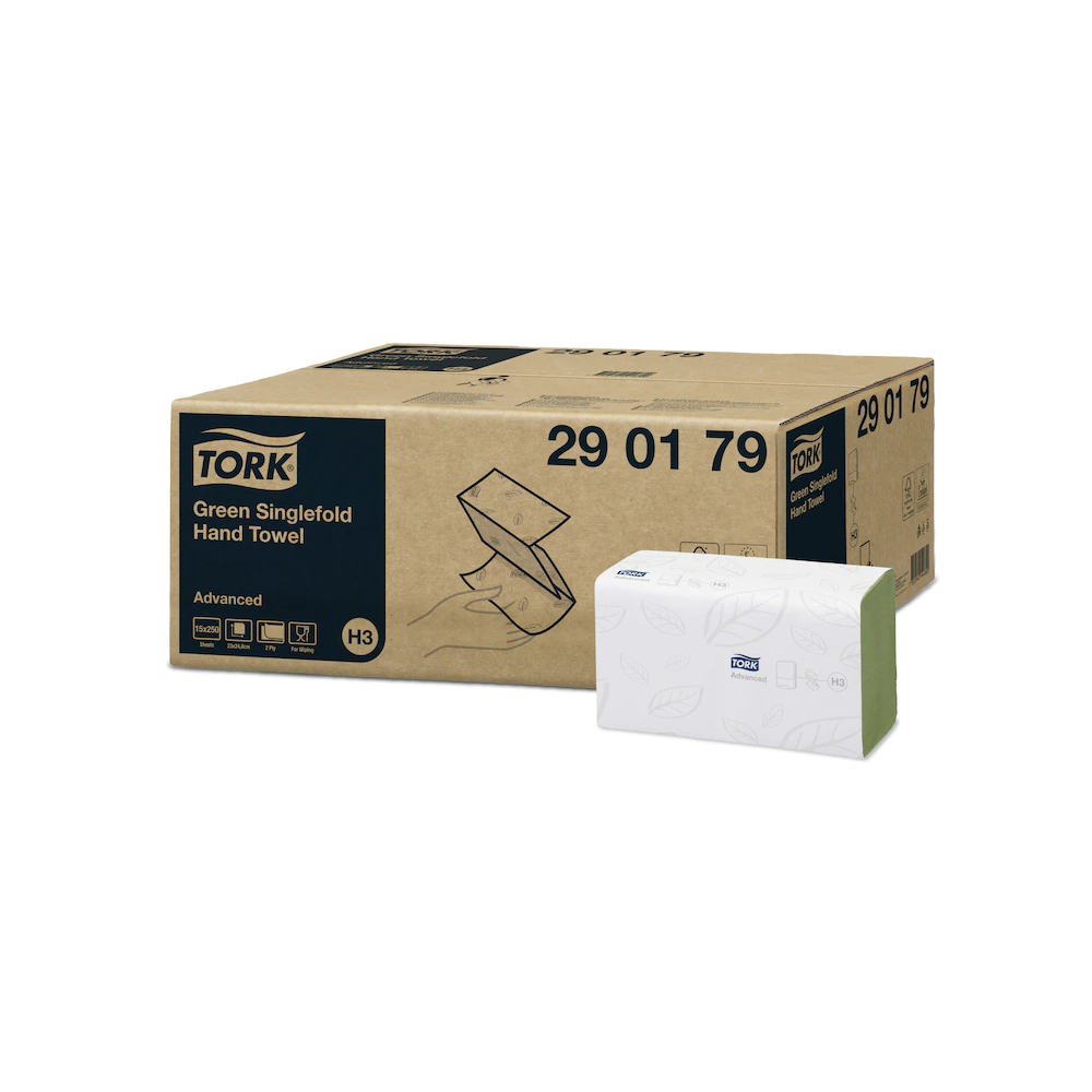Kéztörlő 2 rétegű Z hajtogatású 250 lap/csomag 15 csomag/karton Singlefold H3 Tork_290179 zöld