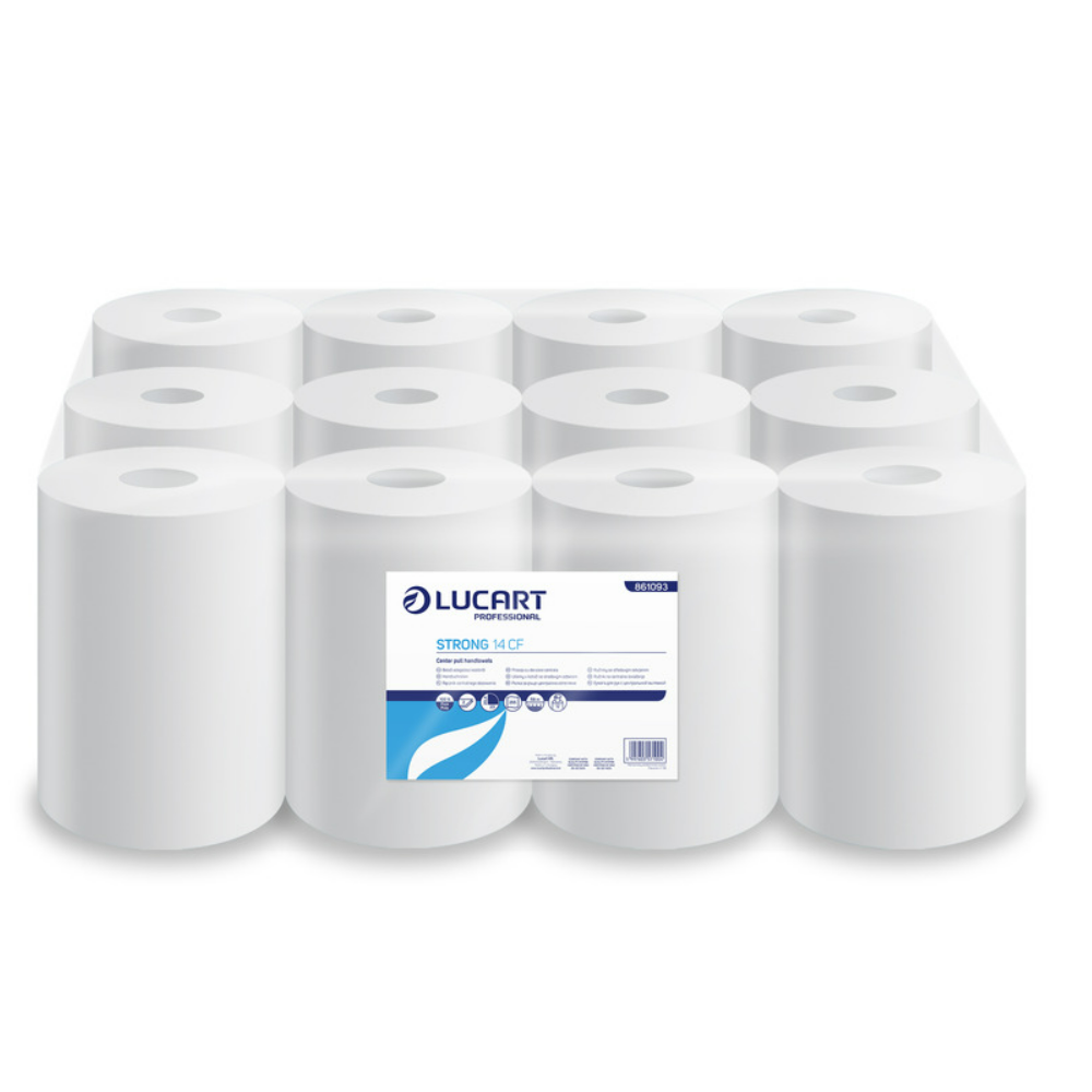 Kéztörlő 2 rétegű tekercses átmérő: 14 cm 100% cellulóz 12 tekercs/karton 14 CF Strong Lucart_861093J fehér