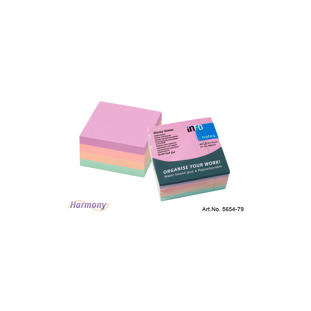 Jegyzettömb öntapadó, 75x75mm, 4x100lap, Info Notes, harmony mix, lila, világos rózsaszín, világoszöld, barack
