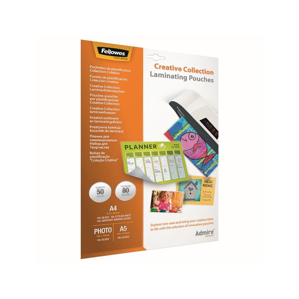 Lamináló fólia, 80 mikron, 5 klf. méretben 5x10 db/doboz, Admire Creativ Fellowes® - Image 3