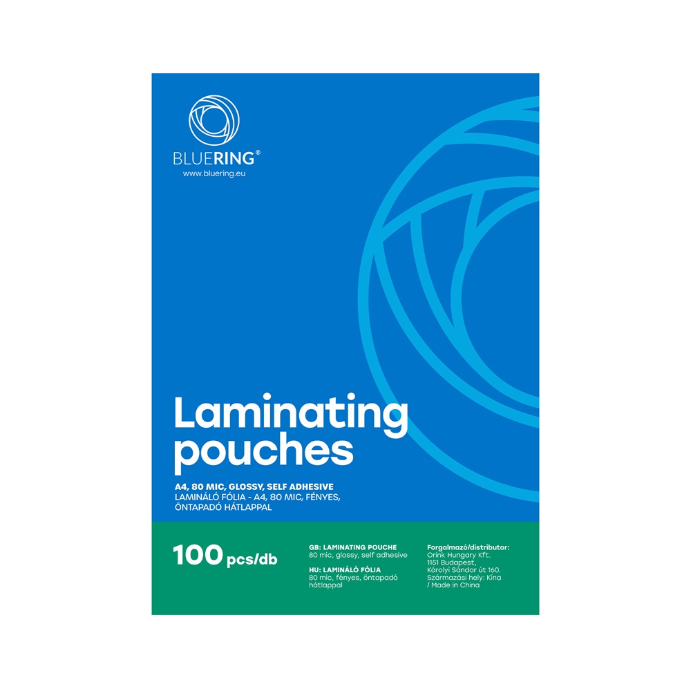 Lamináló fólia A4, 80 micron öntapadó hátlappal 100 db/doboz, Bluering®,