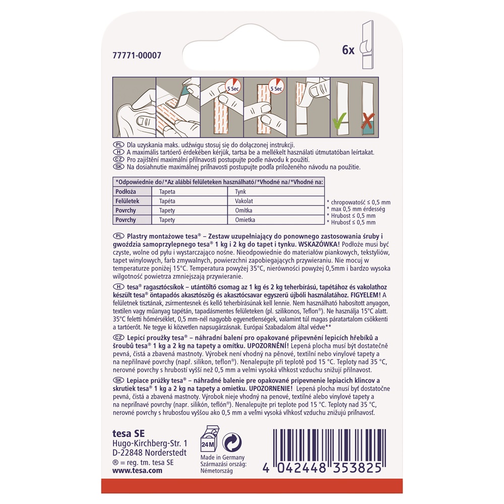 Ragasztócsík utántöltő öntapadós, tapétára vakolatra és festett falra 1 kg teherbírású 6 darab/bliszter Tesa Powerstrips - Image 6