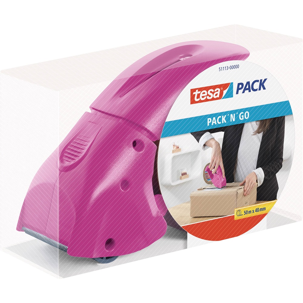 Ragasztószalag adagoló 50mmx50m, kézi 1 db ragasztószalaggal Tesa Pack n Go ciklámen - Image 3