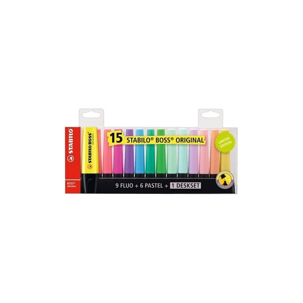 Szövegkiemelő készlet 2-5mm, vágott hegyű STABILO Boss original, 15 klf. szín