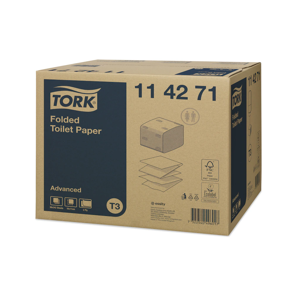 Toalettpapír 2 rétegű hajtogatott 242 lap/csomag 36 csomag/karton T3 Folded Tork_114271 fehér - Image 3